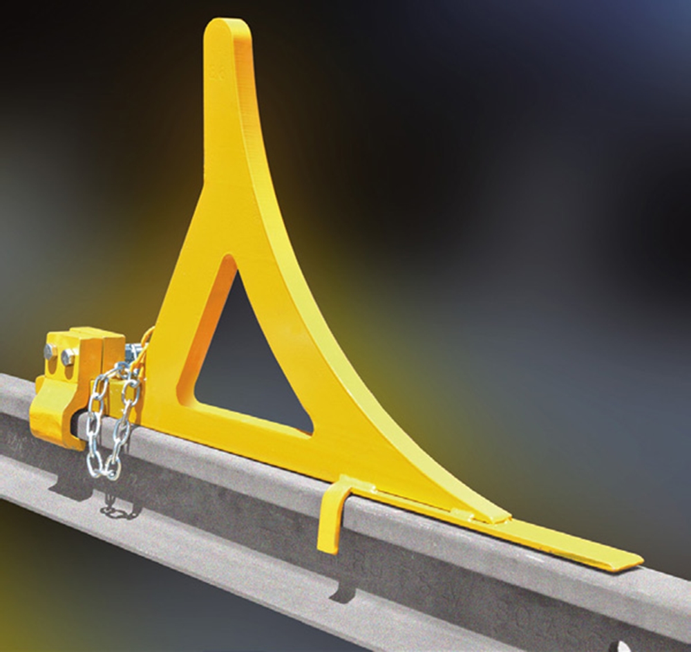 Non-Slide Wheel Contact Crane Stop
Use wherever below rail head clearance is minimal and where a non-sliding crane stop is needed. Wedge dogs lock wedge to rail head and do not interfere with hook bolts. On impact, stops slide only marginally or not at al